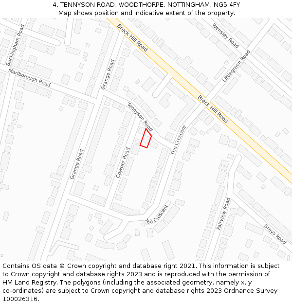 4, TENNYSON ROAD, WOODTHORPE, NOTTINGHAM, NG5 4FY: Location map and indicative extent of plot