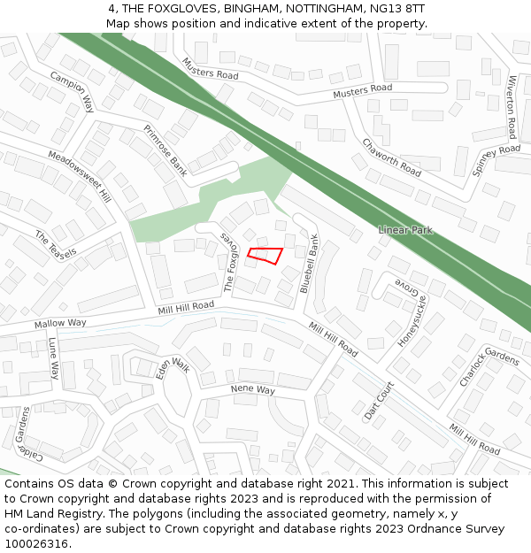 4, THE FOXGLOVES, BINGHAM, NOTTINGHAM, NG13 8TT: Location map and indicative extent of plot