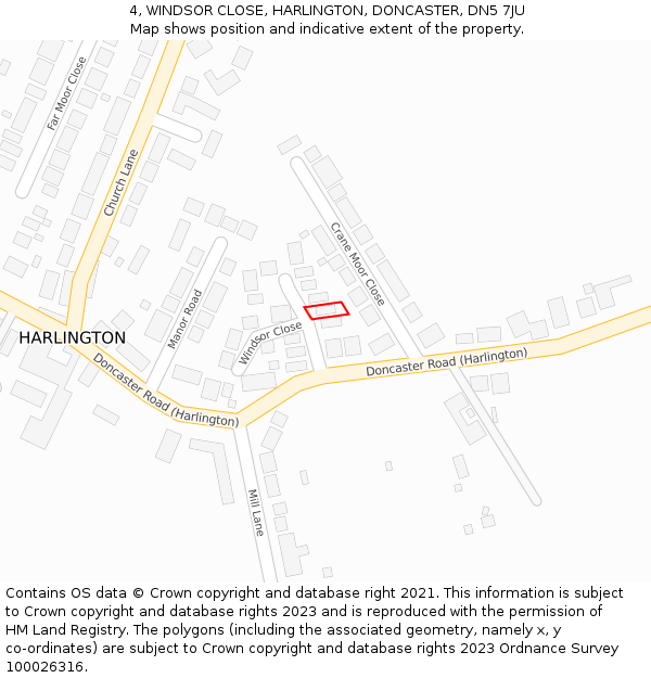 4, WINDSOR CLOSE, HARLINGTON, DONCASTER, DN5 7JU: Location map and indicative extent of plot