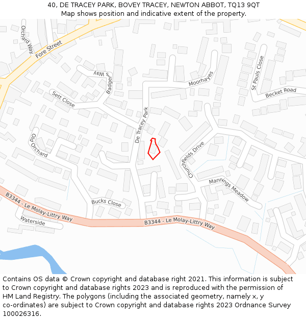 40, DE TRACEY PARK, BOVEY TRACEY, NEWTON ABBOT, TQ13 9QT: Location map and indicative extent of plot