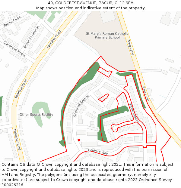 40, GOLDCREST AVENUE, BACUP, OL13 9PA: Location map and indicative extent of plot