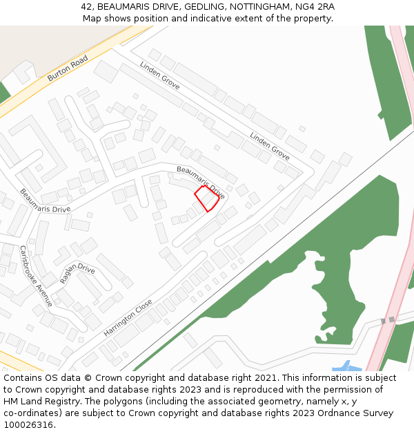 42, BEAUMARIS DRIVE, GEDLING, NOTTINGHAM, NG4 2RA: Location map and indicative extent of plot