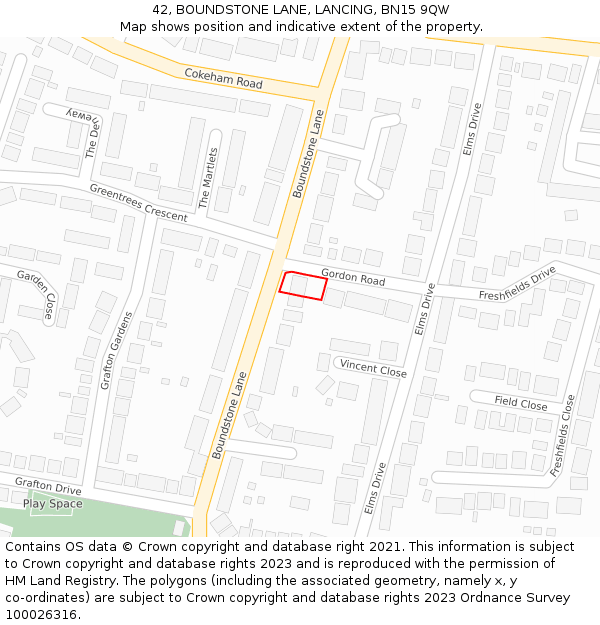 42, BOUNDSTONE LANE, LANCING, BN15 9QW: Location map and indicative extent of plot