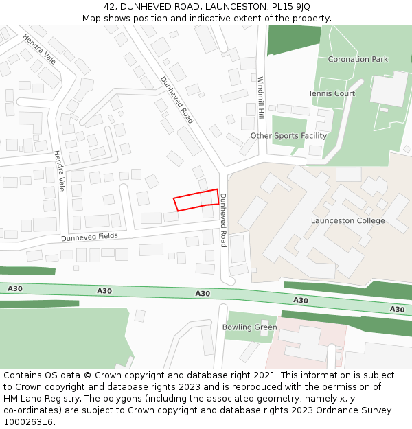 42, DUNHEVED ROAD, LAUNCESTON, PL15 9JQ: Location map and indicative extent of plot