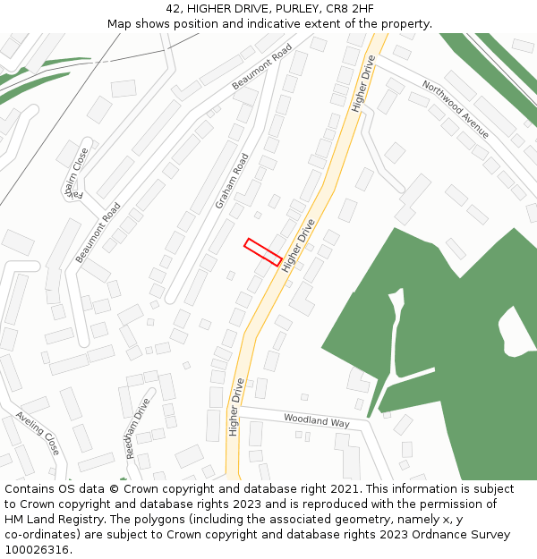 42, HIGHER DRIVE, PURLEY, CR8 2HF: Location map and indicative extent of plot