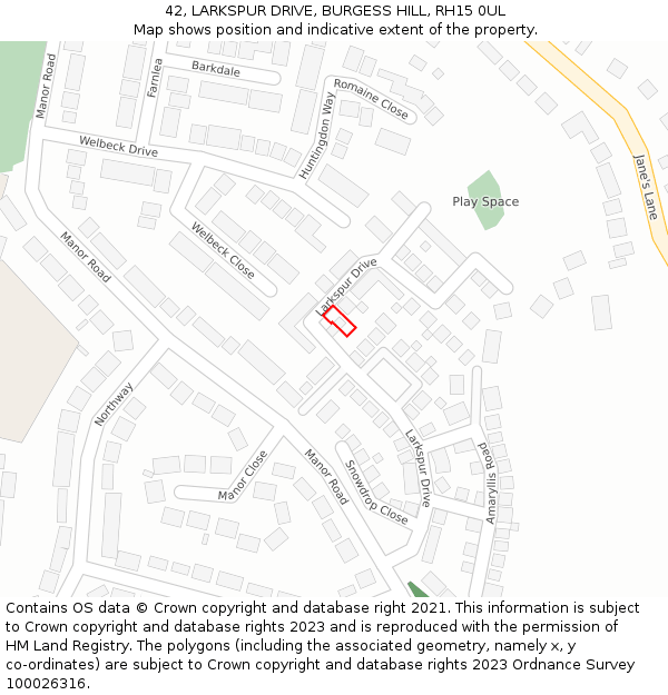 42, LARKSPUR DRIVE, BURGESS HILL, RH15 0UL: Location map and indicative extent of plot