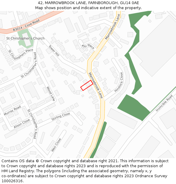 42, MARROWBROOK LANE, FARNBOROUGH, GU14 0AE: Location map and indicative extent of plot