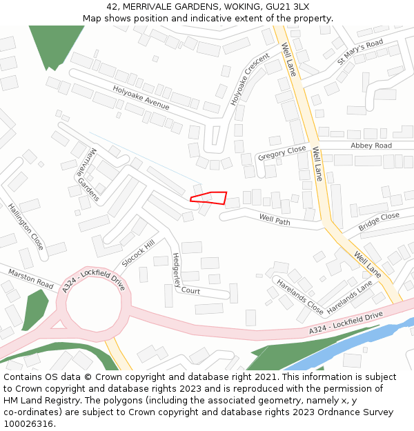 42, MERRIVALE GARDENS, WOKING, GU21 3LX: Location map and indicative extent of plot