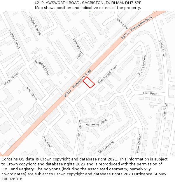 42, PLAWSWORTH ROAD, SACRISTON, DURHAM, DH7 6PE: Location map and indicative extent of plot