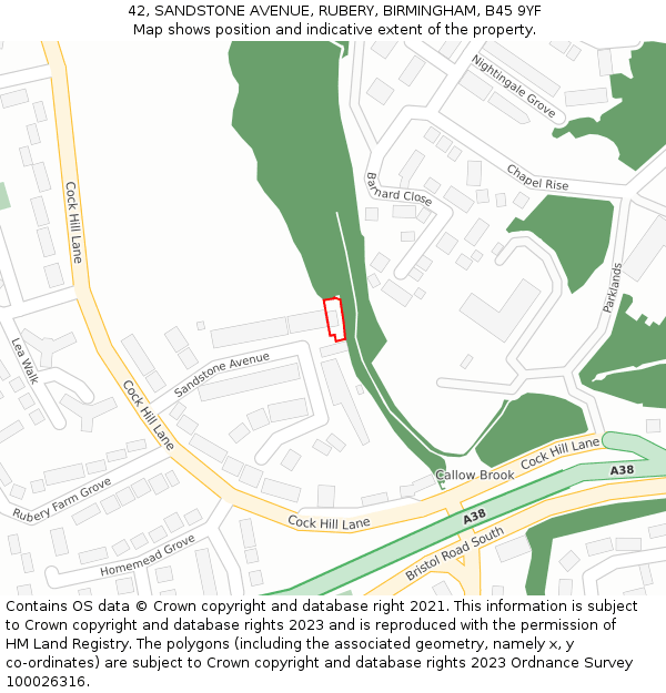 42, SANDSTONE AVENUE, RUBERY, BIRMINGHAM, B45 9YF: Location map and indicative extent of plot