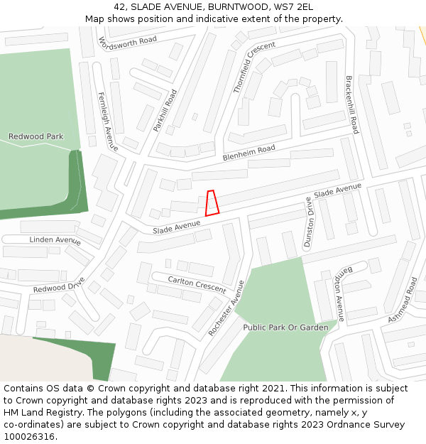 42, SLADE AVENUE, BURNTWOOD, WS7 2EL: Location map and indicative extent of plot