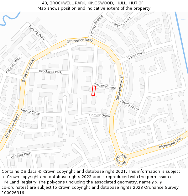 43, BROCKWELL PARK, KINGSWOOD, HULL, HU7 3FH: Location map and indicative extent of plot