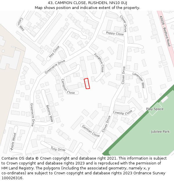 43, CAMPION CLOSE, RUSHDEN, NN10 0UJ: Location map and indicative extent of plot