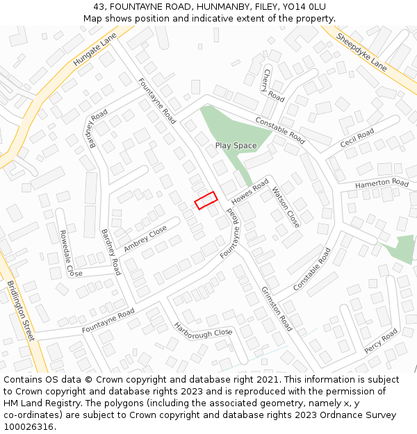 43, FOUNTAYNE ROAD, HUNMANBY, FILEY, YO14 0LU: Location map and indicative extent of plot