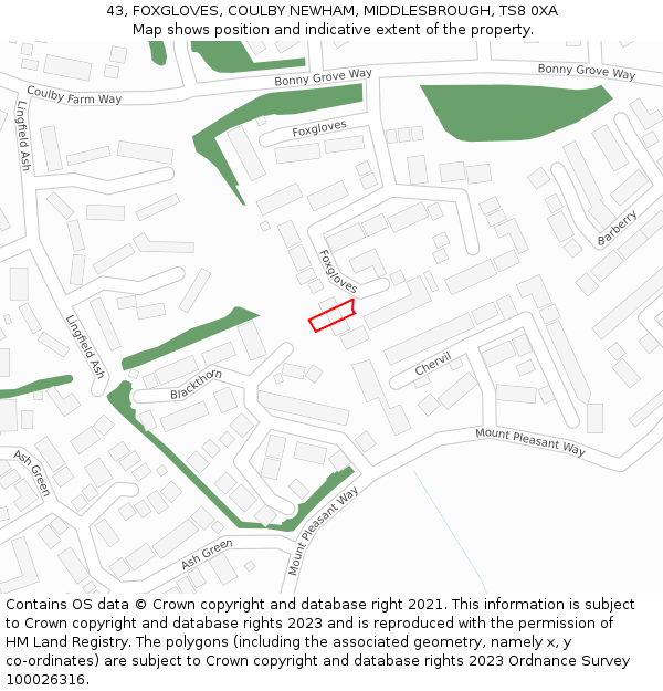 43, FOXGLOVES, COULBY NEWHAM, MIDDLESBROUGH, TS8 0XA: Location map and indicative extent of plot