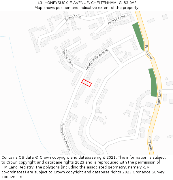 43, HONEYSUCKLE AVENUE, CHELTENHAM, GL53 0AF: Location map and indicative extent of plot