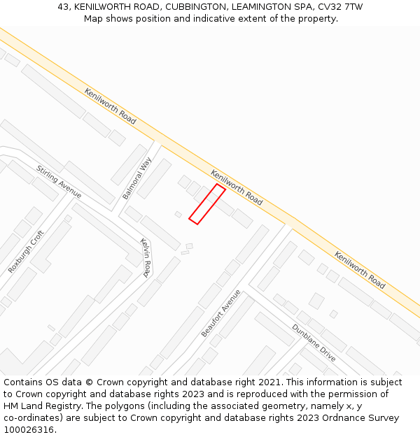 43, KENILWORTH ROAD, CUBBINGTON, LEAMINGTON SPA, CV32 7TW: Location map and indicative extent of plot