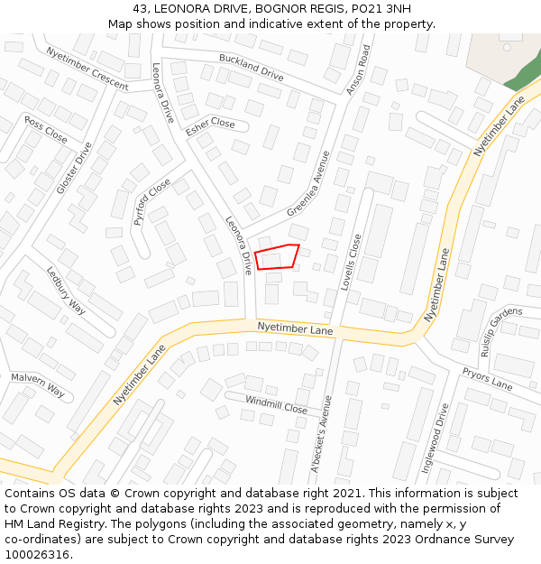 43, LEONORA DRIVE, BOGNOR REGIS, PO21 3NH: Location map and indicative extent of plot