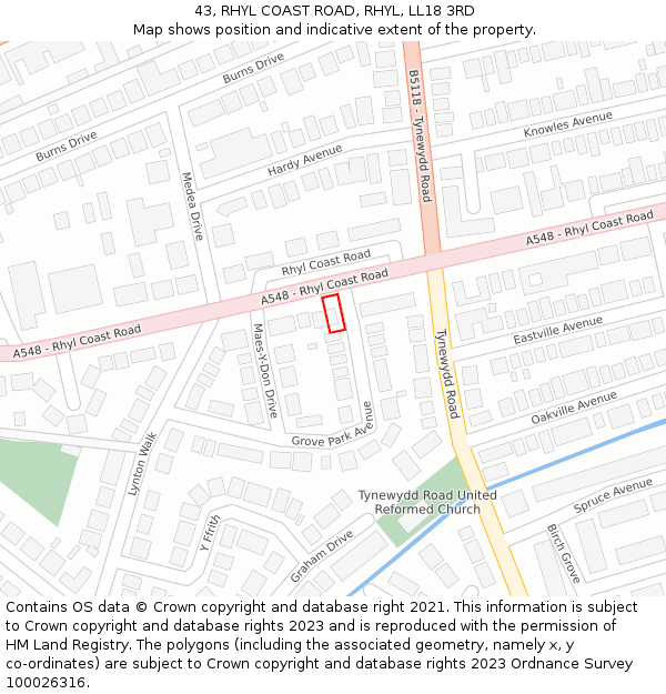 43, RHYL COAST ROAD, RHYL, LL18 3RD: Location map and indicative extent of plot