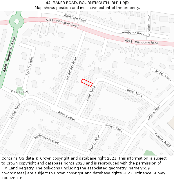 44, BAKER ROAD, BOURNEMOUTH, BH11 9JD: Location map and indicative extent of plot