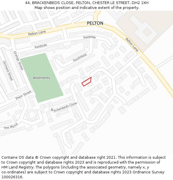 44, BRACKENBEDS CLOSE, PELTON, CHESTER LE STREET, DH2 1XH: Location map and indicative extent of plot