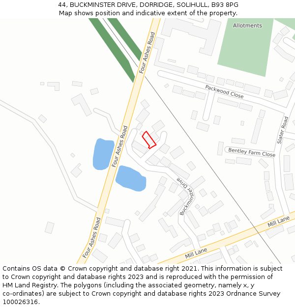 44, BUCKMINSTER DRIVE, DORRIDGE, SOLIHULL, B93 8PG: Location map and indicative extent of plot