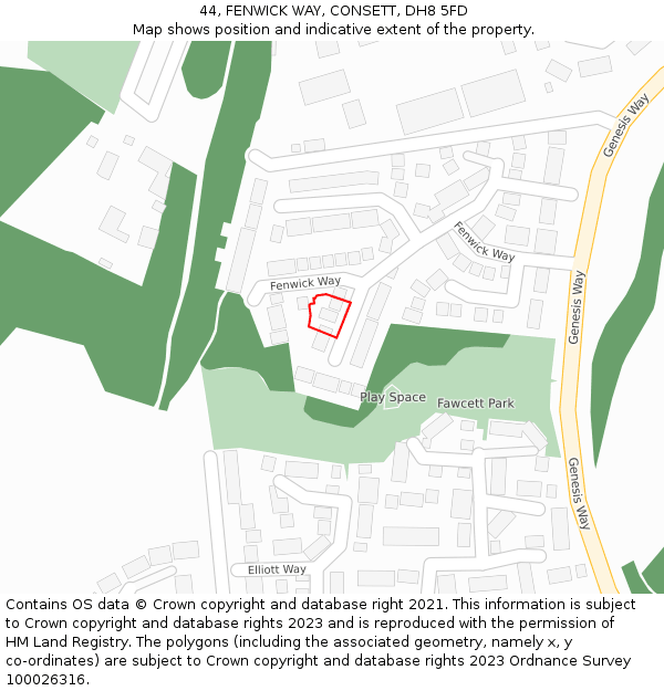 44, FENWICK WAY, CONSETT, DH8 5FD: Location map and indicative extent of plot