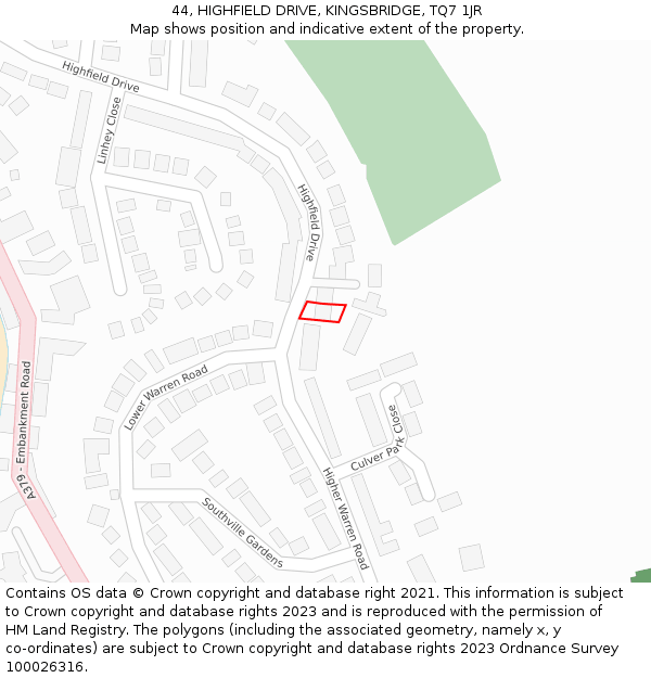 44, HIGHFIELD DRIVE, KINGSBRIDGE, TQ7 1JR: Location map and indicative extent of plot