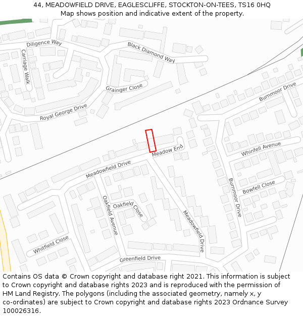 44, MEADOWFIELD DRIVE, EAGLESCLIFFE, STOCKTON-ON-TEES, TS16 0HQ: Location map and indicative extent of plot