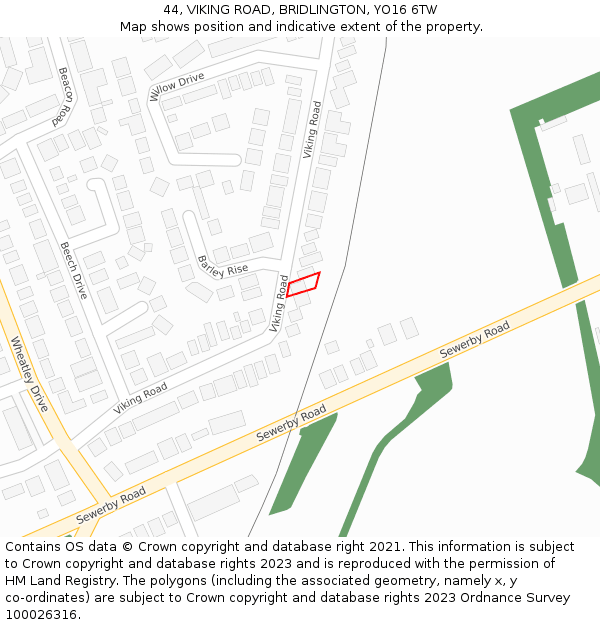 44, VIKING ROAD, BRIDLINGTON, YO16 6TW: Location map and indicative extent of plot