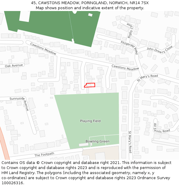 45, CAWSTONS MEADOW, PORINGLAND, NORWICH, NR14 7SX: Location map and indicative extent of plot