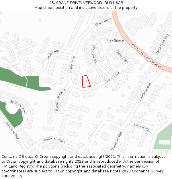 45, CRANE DRIVE, VERWOOD, BH31 6QB: Location map and indicative extent of plot