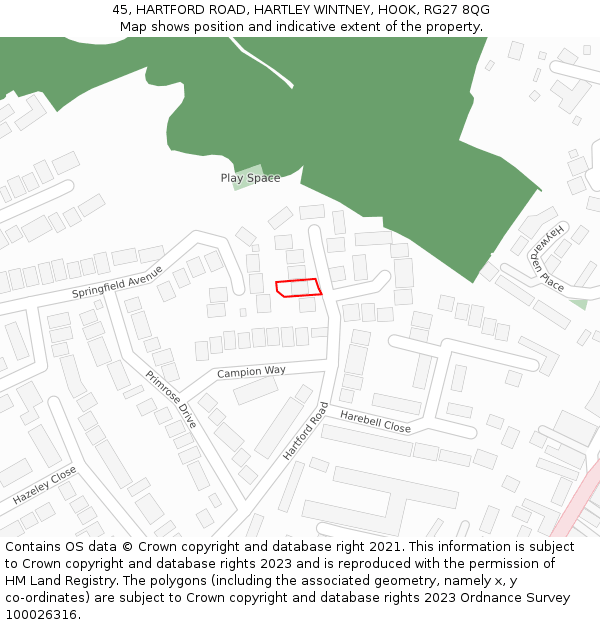 45, HARTFORD ROAD, HARTLEY WINTNEY, HOOK, RG27 8QG: Location map and indicative extent of plot