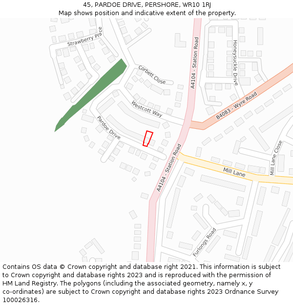 45, PARDOE DRIVE, PERSHORE, WR10 1RJ: Location map and indicative extent of plot