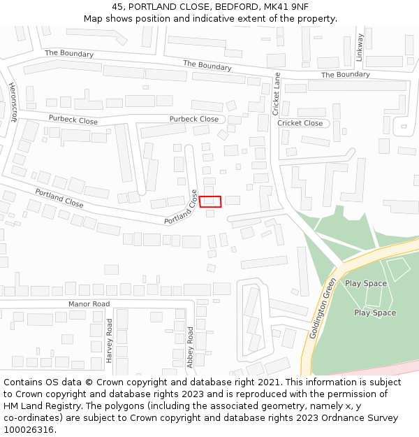 45, PORTLAND CLOSE, BEDFORD, MK41 9NF: Location map and indicative extent of plot