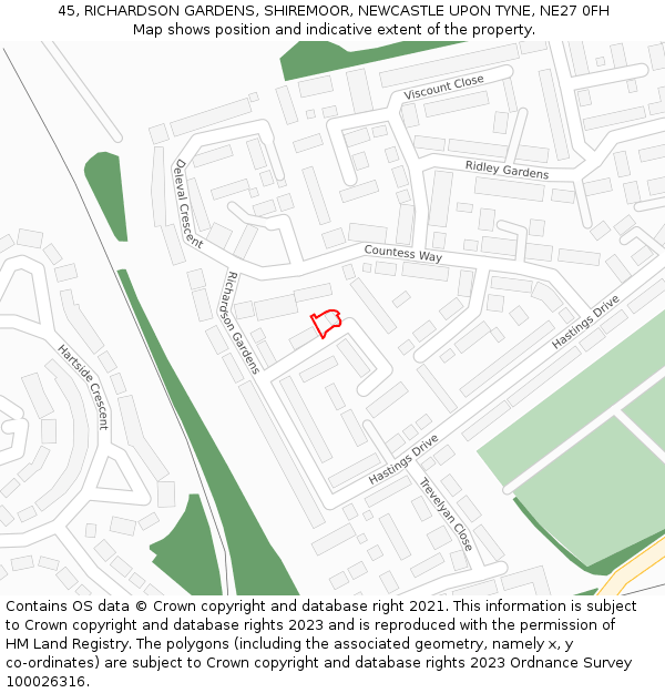 45, RICHARDSON GARDENS, SHIREMOOR, NEWCASTLE UPON TYNE, NE27 0FH: Location map and indicative extent of plot