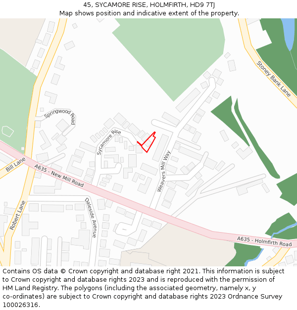 45, SYCAMORE RISE, HOLMFIRTH, HD9 7TJ: Location map and indicative extent of plot