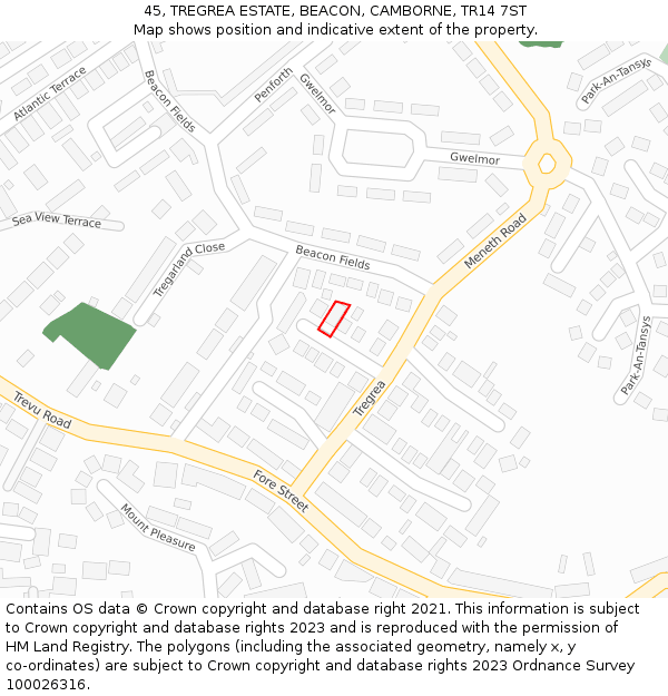 45, TREGREA ESTATE, BEACON, CAMBORNE, TR14 7ST: Location map and indicative extent of plot