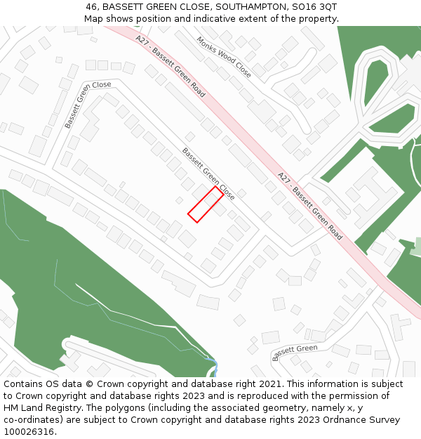 46, BASSETT GREEN CLOSE, SOUTHAMPTON, SO16 3QT: Location map and indicative extent of plot