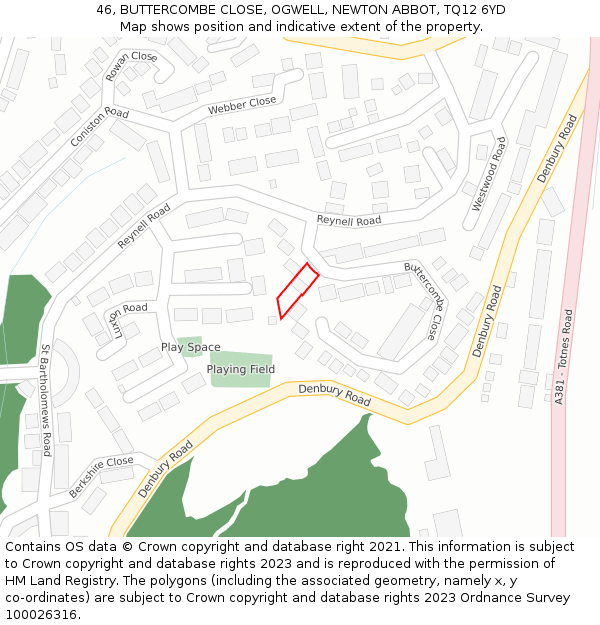 46, BUTTERCOMBE CLOSE, OGWELL, NEWTON ABBOT, TQ12 6YD: Location map and indicative extent of plot