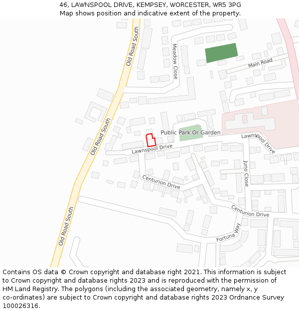 46, LAWNSPOOL DRIVE, KEMPSEY, WORCESTER, WR5 3PG: Location map and indicative extent of plot