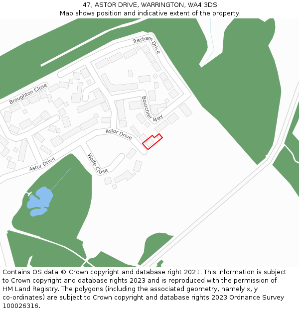 47, ASTOR DRIVE, WARRINGTON, WA4 3DS: Location map and indicative extent of plot