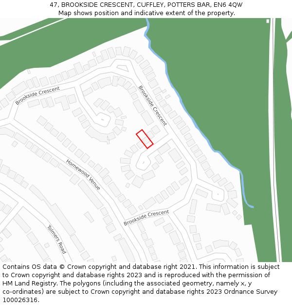 47, BROOKSIDE CRESCENT, CUFFLEY, POTTERS BAR, EN6 4QW: Location map and indicative extent of plot