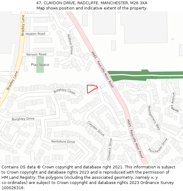 47, CLAYDON DRIVE, RADCLIFFE, MANCHESTER, M26 3XA: Location map and indicative extent of plot