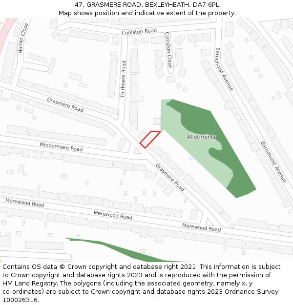 47, GRASMERE ROAD, BEXLEYHEATH, DA7 6PL: Location map and indicative extent of plot