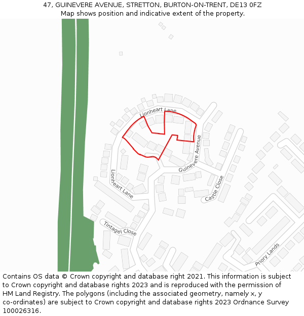 47, GUINEVERE AVENUE, STRETTON, BURTON-ON-TRENT, DE13 0FZ: Location map and indicative extent of plot