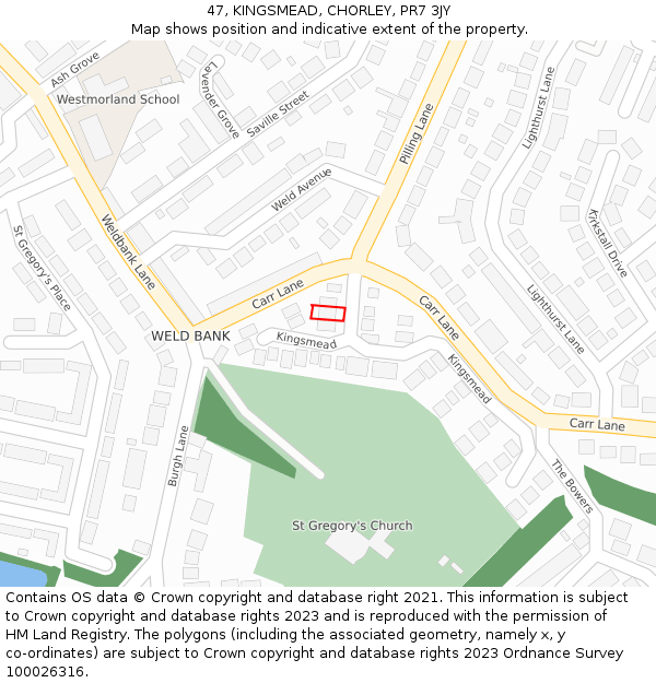 47, KINGSMEAD, CHORLEY, PR7 3JY: Location map and indicative extent of plot