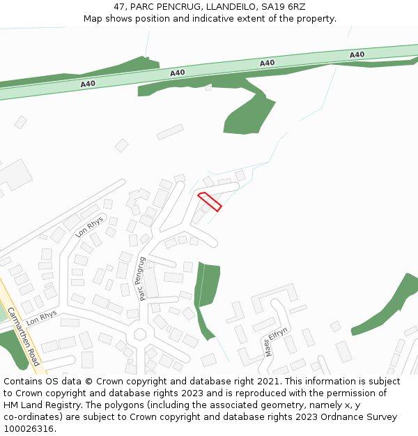 47, PARC PENCRUG, LLANDEILO, SA19 6RZ: Location map and indicative extent of plot