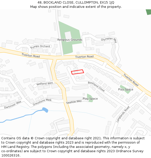 48, BOCKLAND CLOSE, CULLOMPTON, EX15 1JQ: Location map and indicative extent of plot