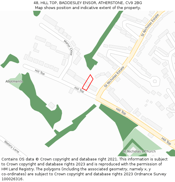 48, HILL TOP, BADDESLEY ENSOR, ATHERSTONE, CV9 2BG: Location map and indicative extent of plot